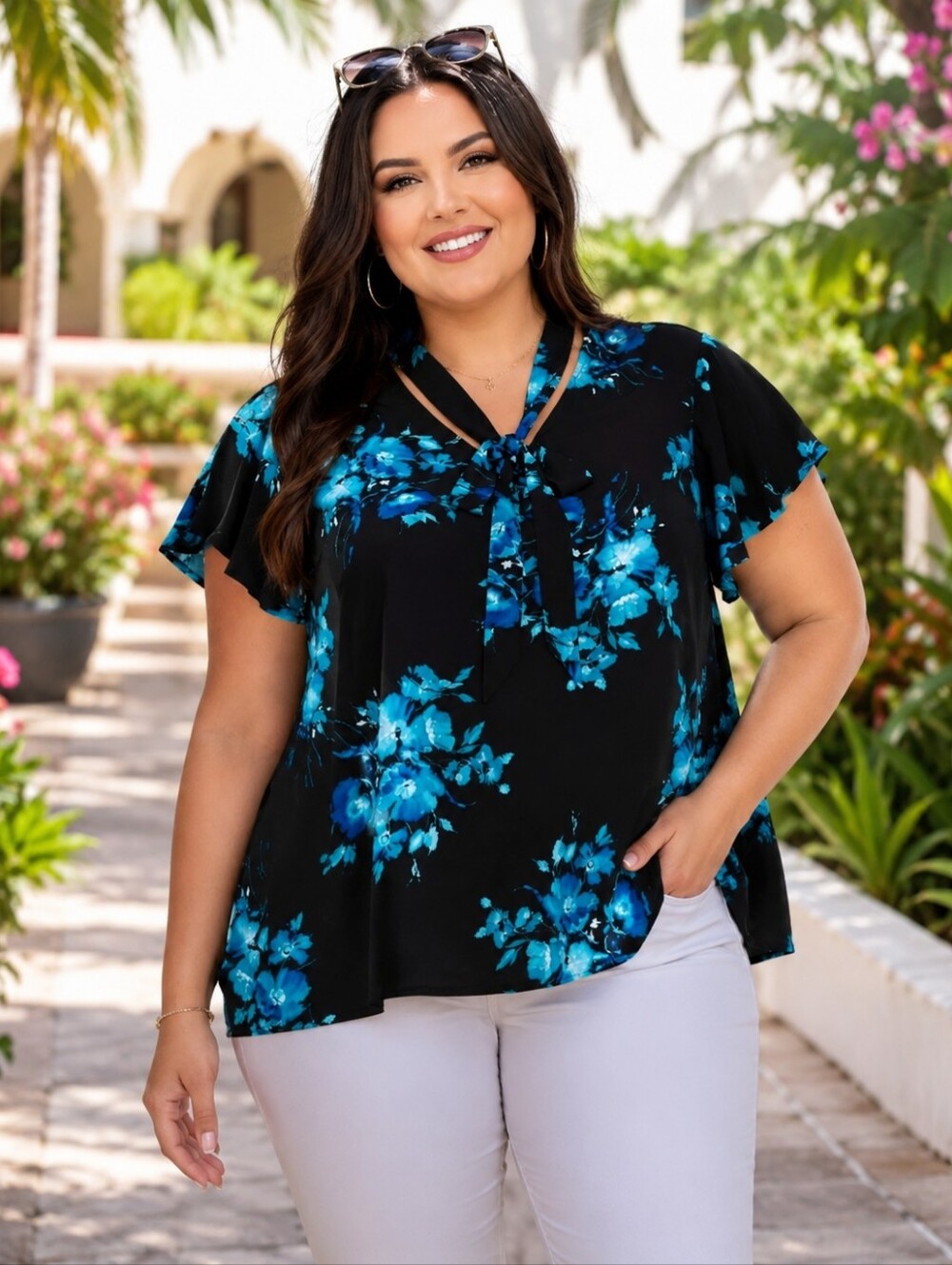 Torrid womens plus size blue black floral short sleeve blouse size 1 1x xl